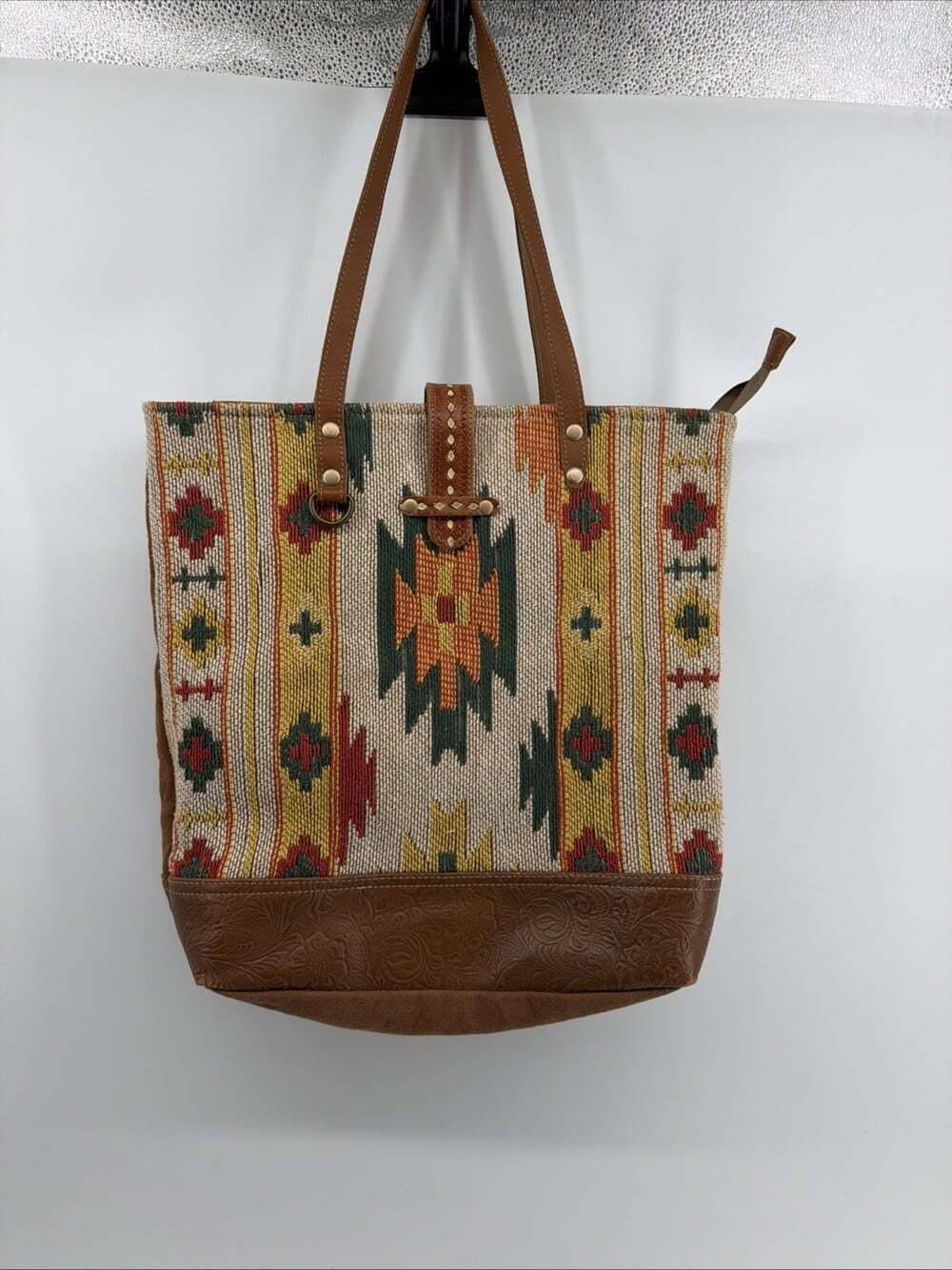 Myra Bag Women’s Canvas & Leather Gold N Bold Aztec Pattern Tote Bag Western